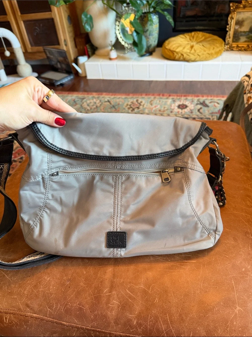 The Sak Esperato Nylon Hobo Shoulder Bag – Gray with Embroidered Strap